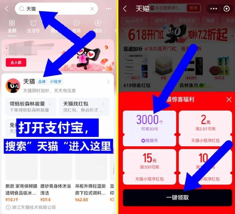zfb搜索：天猫可得2-3000猫猫币