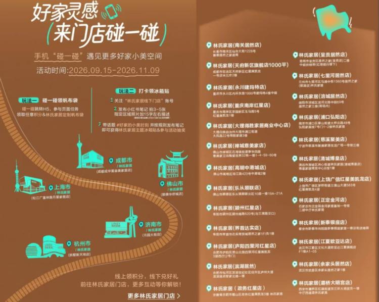 截11.9 到指定林氏家居门店完成碰一下+拍摄发xhs笔记可领取 定制帆布包+冰箱贴感兴趣看看，活d门店如下