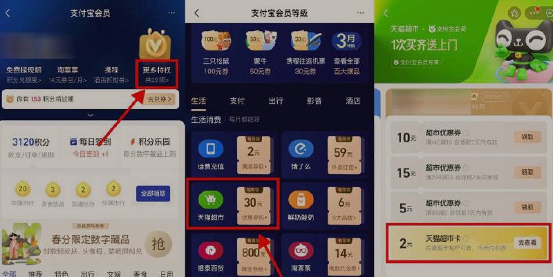 支付宝会员等级领2~5元猫超卡支付宝APP->我的->支付宝会员->全部特权->天猫超市->黄金/铂金/钻石会员分别领取2/3/5元猫超