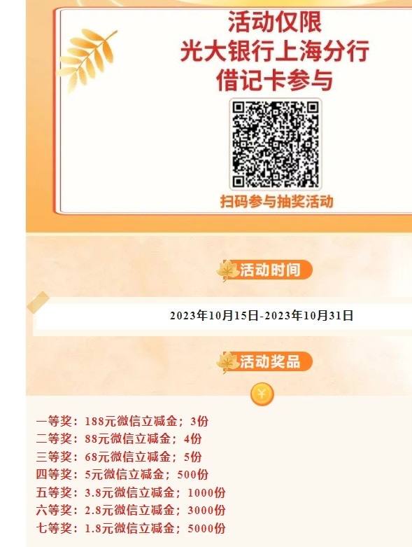 上海光大储蓄卡，一个微信号保底1.8元立减金